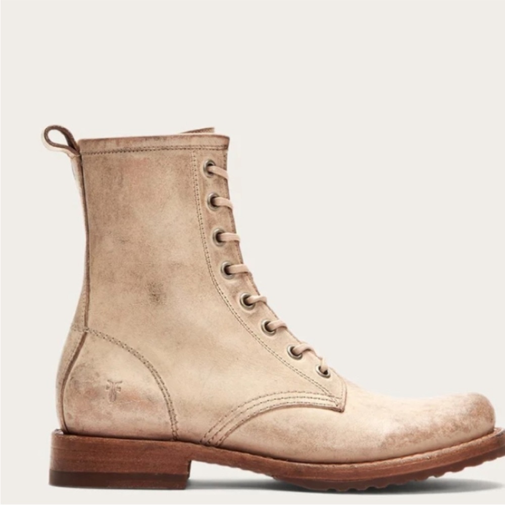 $399 Frye Veronica Combat Tan Cream Distressed Leather Lace Up Vintage Moto Boot - Picture 3 of 15